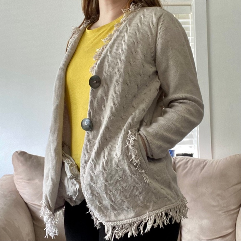 Neon Buddha 100% Cotton Beige Cable Knit Sweater Mother of Pearl Buttons Size S